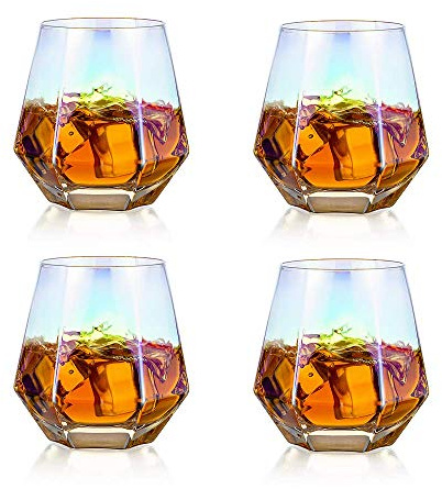 Glasseam 300 Ml Diamond Whisky Glasses: 4er-Set Gekipptes Whiskyglas | Bleifreies Irisiertes Glas, Für Männer, Frauen, Papa, Ehemann, Freunde, Für Bourbon, Rum, Scotchglas, Bar Tumbler
