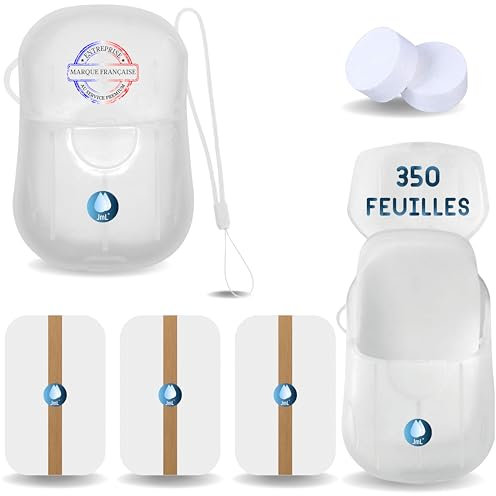 350 Feuilles de Savon pour les Mains, JaMoonLBV JmL® - Format Mini Poche - Porte savon - Boîte Voyage - Accessoire Camping, Trek, Randonnée - Plein Air - Feuille Savon Hydrosoluble, Papier Jetable WC