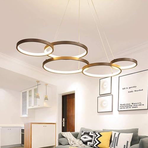 Hängelampe Dimmbar LED Pendelleuchte Esstisch Silikon Mit Fernbedienung Hängeleuchte Höhenverstellbar Gold Pendellampe Mit Drehbaren Ringen Moderne Wohnzimmer Schlafzimmer Kronleuchter,5 rings/54w