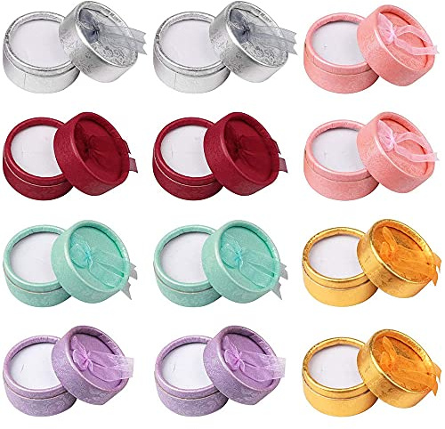 SDFAA 12 Stück Geschenkboxen für Ring aus Karton, Box für Schmuck, rund, aus Karton, Geschenkverpackung, runder Ring mit schöner Schleife, für Halskette, Ring (6 Farben)
