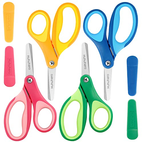 Huhuhero Barnsax, 5 tum barnsäkerhetssax, trubbig spets med lock, 4-pack barnsaxar klassrum bulk, liten studentsax för skola barn ålder 4-7, 8, 9, 12, hantverkskonsttillbehör, blandade färger