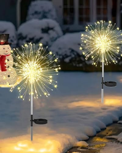 Joysing Gartendeko Solar Gartenleuchte Außen, 2 Stück 120 LED Solarleuchten Feuerwerk, 8 Modi Solar Weihnachtsbeleuchtung Wasserdicht Pusteblume Gartenstecker für Garten Weihnachten Deko