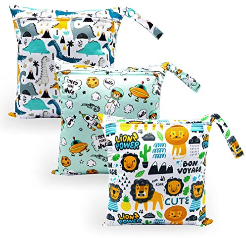 HOTLIKE 3 Pezzi Wetbag Pannolini Riutilizzabile, Borsa per Pannolini, Sacchetto del Pannolino Lavabile con Zip Impermeabile Riutilizzabile Organizzatore, Bambino Bag per Viaggi Gym Vestiti (Verde)