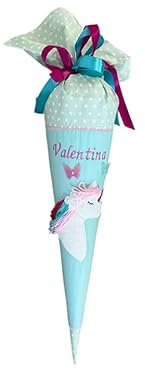 Glückspilz Schultüte mit Namen personalisiert, Einhorn, Zuckertüte aus Stoff genäht, mit Kissen + Rohling,
