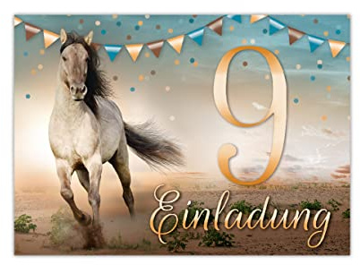 12 Einladungskarten zum 9. Kindergeburtstag neunte Geburtstag Mädchen Pferd