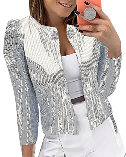 Damen Pailletten Cardigan Jacke Langarm Glitzer Bomberjacke Party Club Jacke Pailletten-Blazer Damen Elegant Tailliert Anzugjacke Glitzer Tops Kurz Oberteile Blazer Glitzer Outfits (Silver, L)