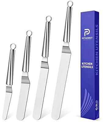 PETHOMKIT Versetzter Zuckerguss-Spatel aus Metall für Kuchendekoration, 4 Stück | Abgewinkeltes Backzubehör-Set, Edelstahl-Griff, Off-Set, Gebäckschaber, 10,2 cm, 15,2 cm, 20,3 cm und 25,4 cm Klingen