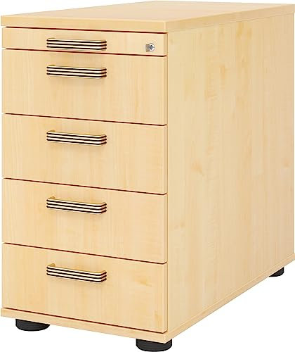 bümö Schreibtisch Schrank abschließbar, Schubladenschrank Holz in Ahorn, Container mit Schubladen - Schubladen Schrank Büro, Schreibtisch Container od. Schreibtisch Kommode mit Streifengriffe