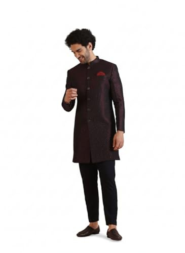 KISAH Men's Sherwani Set with Trouser – Textured Silk Blend Jacquard Ethnic Set with Mandarin Collar – Indian Wedding & Festive Wear for Diwali, Eid & Celebrations, Maroon, 44