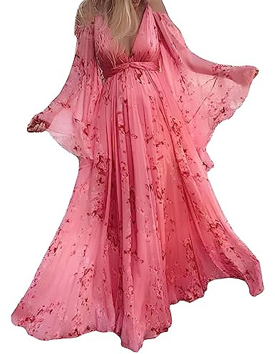Générique Robe Femme Chic et Elegant Soiree Femmes Nouveau col en V Floral Rose Jupe Longue Femmes Enceintes Robe balançoire Jupe décontractée Robe De Noël
