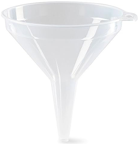 Tradineur - Embudo de plástico transparente, incluye agujero para colgarlo, llenar garrafas, botellas, resistente y duradero, fabricado en España, Ø 21 cm