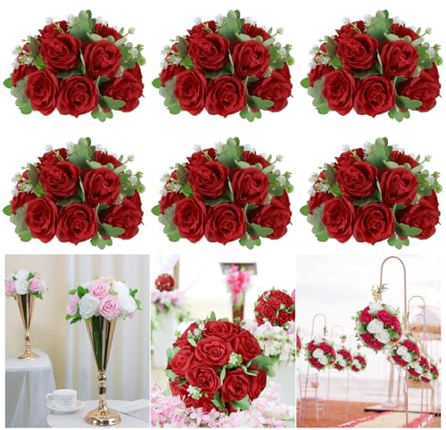 RIDDSEE Artificial Flower Wedding Centerpieces - 10.6inch Red Rose Silk Floral Half Ball 6Pack - Faux Flower Balls Plastic Base for Event Table Arrangement Party Home Room Décor