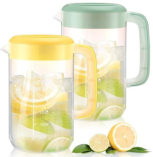 2Pcs Plastic Pitcher with Lid Large Clear Water Carafe Jug Ice Tea Pitcher Lemonade Juice Beverage Jar with Strainer Cover Handle Measurements for Hot Cold Coffee Drink (Yellow, Green,1 Gallon/4L)