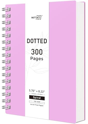 RETTACY Quaderno A5 con rilegatura a spirale, carta punteggiata da 100 g/m², blocco note impermeabile, 300 pagine/150 fogli per scrivere, disegno, lavoro, ufficio, scuola, 14,5 x 21 cm, viola
