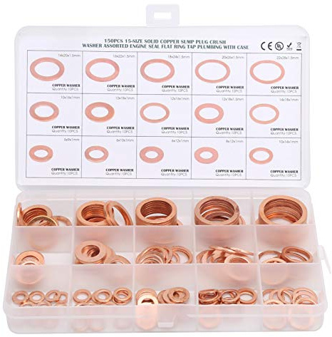 Arandela de Cobre Rojo, 150 Piezas de Latón y Arandelas de Seguridad, Surtido Métrico con Caja, Anillo de Sellado Plano, Arandela de Junta de Cobre Rojo M5 M6 M8 M10 M12 M14 M16