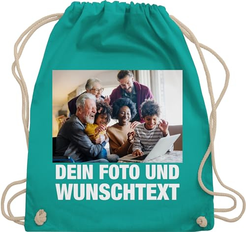 Turnbeutel Rucksack - Geschenk mit Bild I eigenem Foto I Name I eigener Text I Wunschtext - Unisize - Türkis - kinder kita wechselkleidung beutel selbst drucken diy stoffbeutel