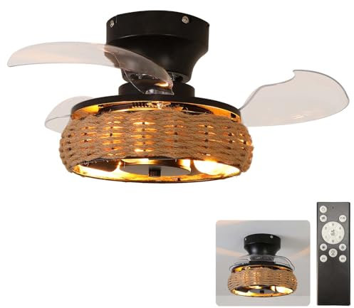 Ceiling Fans With Lights With Remote Control, Retro Industrial Black Cage Ceiling Fan Light With 6 Speed Reversible Motor E27 Bulb Base 19.6 In Light Fan Ceiling For Bedroom Living Room Kitchen, A