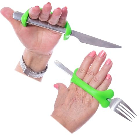 AIDBONES Pack 2 Adaptadores Agarre Verde 13cm Niños +4 Años Comer Mujer | Dispositivo adaptativo de vida diaria para sujetar lápices pinceles y tenedores en rigidez de dedos o poca destreza