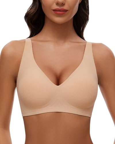 WOWENY Dam-bh push up bekväm utan bygel, sömlös behå, justerbar bygellös, bh, mjukt skal, bh, t-shirt, bh, mjuk comfit BH, Beige, S