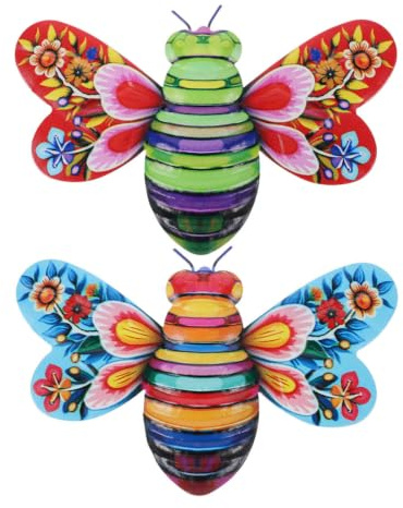 HOLIDYOYO Metal Bee Wall Art 3D Wrought Iron Bee Pendant for Indoor Outdoor Garden Fence Decoration 7.48 X 5.12 Inches Set of 2