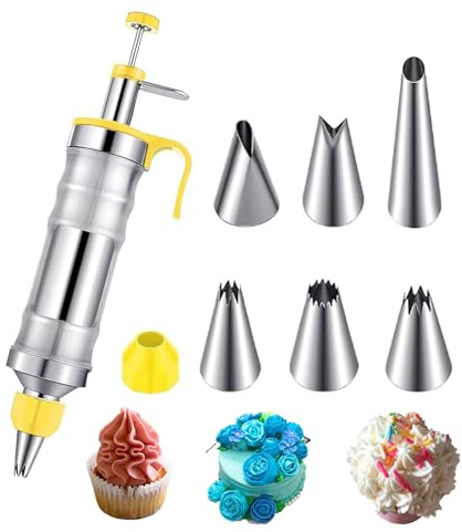 HAPPOW Icing Piping Gun for Cake Decorating，Nozzles 14Oz Icing Piping Set, Cake Icing Piping Set, Piping Bags and Nozzles, Icing Nozzles Set Kit with 6 Stainless Steel(Yellow)