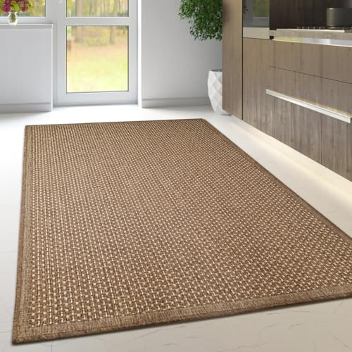 Viva Rugs Non Slip Rug Kitchen Living Room Fat Weave Check Carpet Small Large Runner Mat (120x160cm - 4'x5'3 ft, Natural Brown Plain)