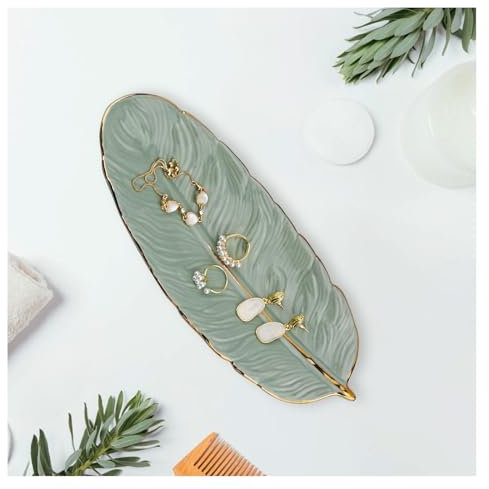YoHyien Ceramic Trinket Dish, Feather Shaped Jewellery Dish Tray, Decorative Ring Dish, Trinket Tray for Necklace, Bracelet, Earrings, Jewelry Dish Gifts for Women, Nana, Mother, Daughter (Green)