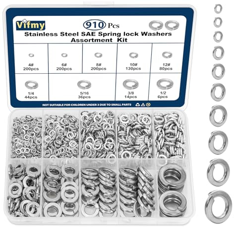 Kit surtido de arandelas de seguridad SAE Vifmy (paquete de 910), n.° 4, 6, 8, 10 y 12 (1/4, 5/16, 3/8 y 1/2), arandelas de seguridad divididas SAE de acero inoxidable 304 para tornillos y pernos.