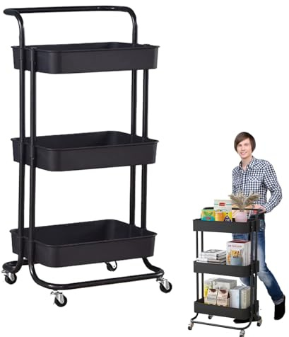 3 Tier Trolley, Rolling Utility Storage Car with Wheels & Hanging Cups & Hooks Storage Organization Shelves, for Kitchen, Bathroom, Office, Library, Coffee Bar Trolley Service Cart (Black)