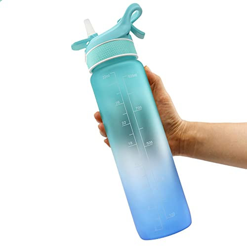 IZHIUTP 1l Pop -up Acqua Bottiglia con, 1000 ml di Bottiglia d'Acqua Grande con Paglia, Bottiglia d'Acqua Motivazionale con marcatura del Tempo e Paglia for ricordarti di Bere più Acqua(D)
