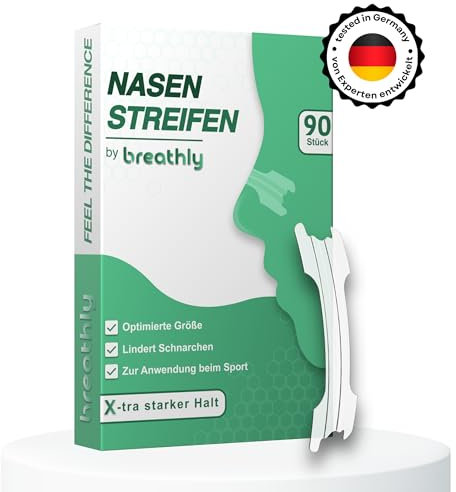 breathly® Nasenpflaster Transparent | Extra starker Halt | 90x Nose Strips | Gegen Schnarchen - verbessert die Schlafqualität | Für bessere Atmung bei verstopfter Nase | Premium Nasenstrips