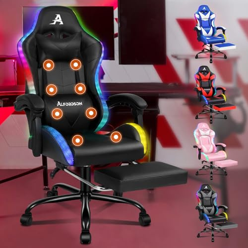 ALFORDSON Gaming-Stuhl Massage LED Rennstuhl, ergonomischer Bürostuhl Schreibtischstuhl 150° Neigung, einziehbarer Fußstütze, PU-Leder, höhenverstellbar, 180 kg Tragkraft, 360° DrehstuhlSchwarz