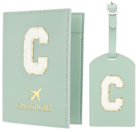 PATIKIL Pochette Passeport avec Étiquettes à Bagage, Modèle Lettre C Protège Passeport en Cuir PU pour Protection Identificateur Accessoires de Voyage Cartes D'embarquement, Bleu-Vert