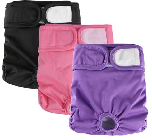 Hisprout 3-Pack Weibliche Hundewindel Hochabsorbierende Inkontinenz Wiederverwendbare Waschbare Atmungsaktive Dauerhafte Hundewindel Hosen Hund Saison Hosen (M,Rosa/Lila/Schwarz)