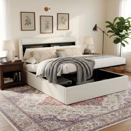 Gxffipw Doppelbett Polsterbett 160x200 cm mit Verdeckter Stauraum am Kopfteil, Hydraulisches Bett mit Stauraum, Stauraumbett Bettgestell mit Lattenrost, PU, Weiß, Ohne Matratze