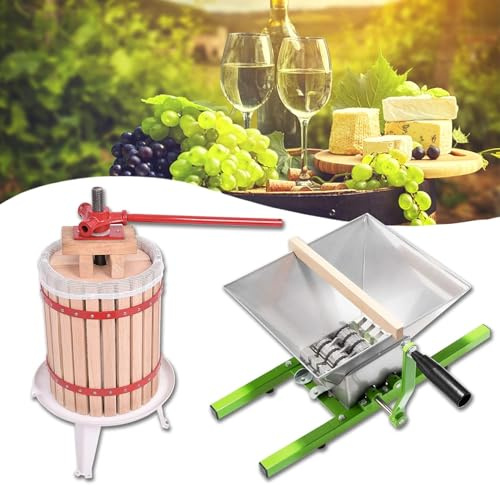 Froadp Juego de exprimidores de vino, 18 l, exprimidor de frutas de roble + 7 L de acero inoxidable, triturador de frutas, exprimidor de manzanas, remolacha, herramientas para elaboración de vinos de