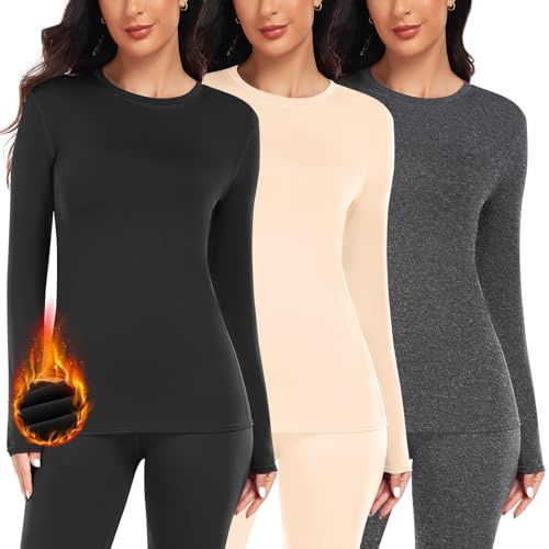 YADIFEN 3 Pack Long Sleeve Top Women Thermal Tops Soft Breathable Base Layer Shirt Crew Neck Thermal Underwear Womens Winter Warm Wicking Skiing (Black+Nude+Grey,M)