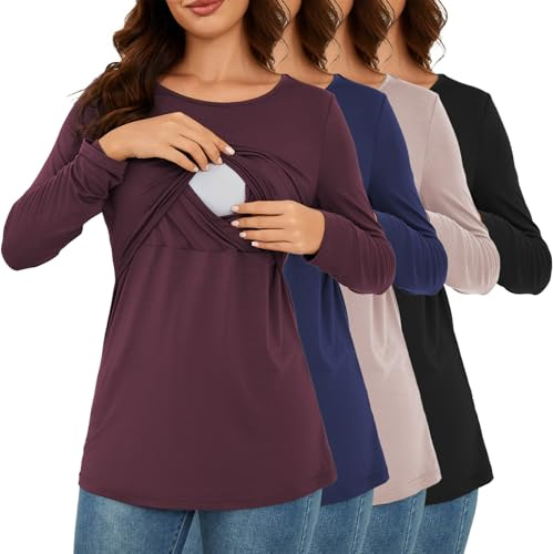 Liu & Qu Breastfeeding Shirts 4 Pack Long Sleeve Women Causal Nursing Tops Double Layer Pumping Shirt