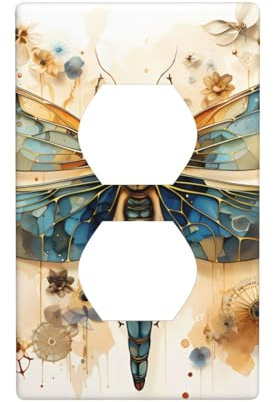 WHJSHOP Placa de pared de doble enchufe con diseño de libélula dorada sobre fondo amarillo, resistente a roturas y duradera, 4.5 x 2.75 pulgadas