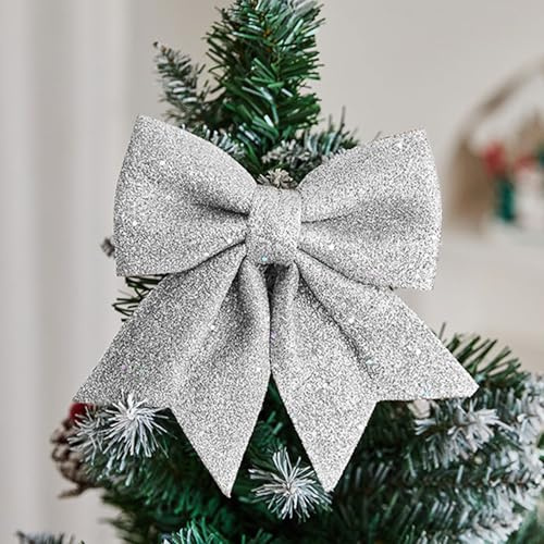 10 Pezzi Fiocchi Natalizi per Albero di Natale, Brillante Decorazioni Natalizie Fiocco per Punta Albero Natale Halloween Natrimoni, Addobbi Ornamenti per Ghirlande Porta Confezioni Regalo (Argento)