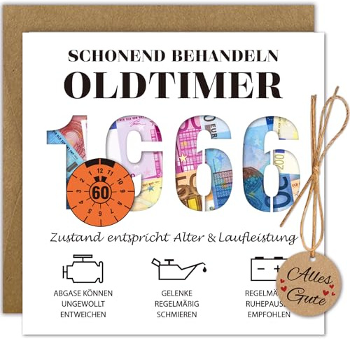 WenmthG Geldgeschenke Geburtstag 60 mit Umschlag, Karte 60 Geburtstag Mann - Lustig Geschenke zum 60 Geburtstag Mann - Schonend Behandeln 1966 Oldtimer