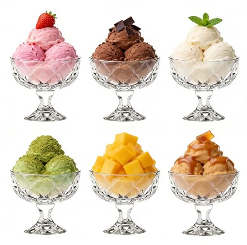 YASHIIN Set mit 6 Dessertschalen aus Glas, 290 ml, durchsichtige Eisschalen, Puddingbecher aus Glas für Snacks, Eis, Desserts, Pudding, Salat, Obst