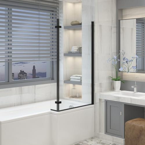 Aquariss Black 1400x810mm L Shape Bath Screen with Hinged Return Panel | 6mm Toughened Safety Glass, Easy Clean Coating, Reversible, Wall Adjustment, Seal Strips, 180 Pivot, Brass Hinged