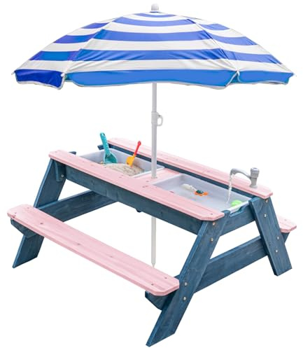 K LUCKIDS Kids - Table d'activités 3 en 1 en bois - Table de pique-nique convertible avec parapluie - 2 boîtes de jeu - Dessus amovible - Table de robinet d'extérieur - Rose marine
