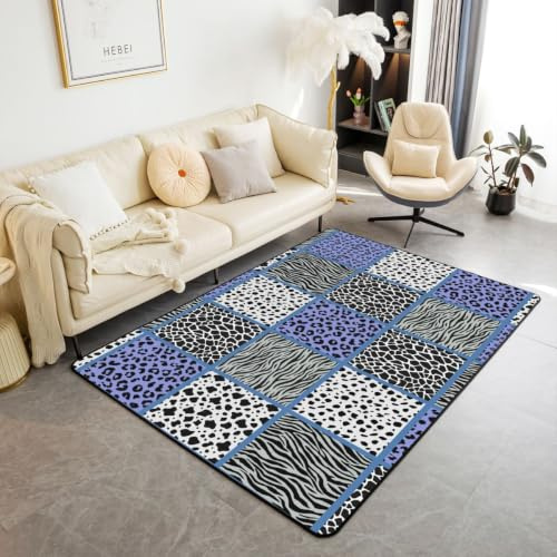 Homewish Alfombra de área con estampado de guepardo africano de 100 x 150 cm para dormitorio, alfombra con estampado de cebra de tigre y retazos, para sala de estar, color azul y gris, con estampado