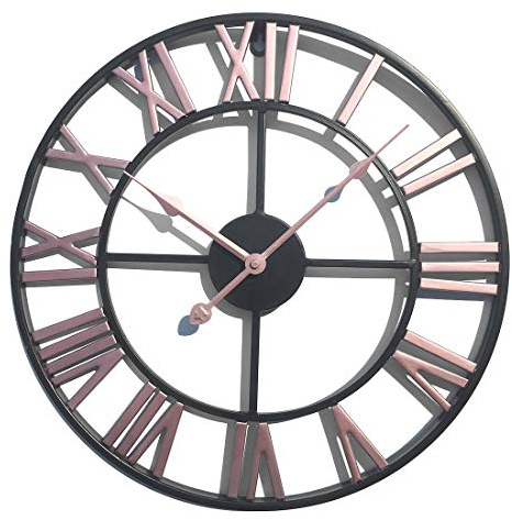 YAKOK 40CM Metal Silent Large Wall Clock Roman Numerals Vintage Iron Wall Clocks Design Clock for Living Room, Kitchen, Bedroom, Office (Pink)