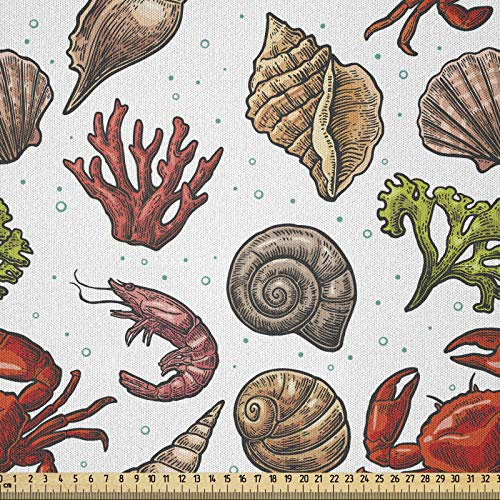 ABAKUHAUS Sea Shells Stoff als Meterware, Maritime Shrimps, Microfaser Multi Zweck Dekostoff für Kunsthandwerke, 3M (230x300cm), Mehrfarbig