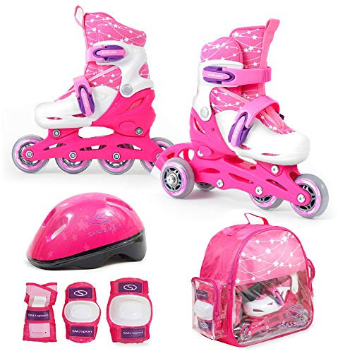 SMJ Kinder Mädchen Set 2in1 Inliner Rollschuhe VERSTELLBAR Inline Skates mit LED Rollen + Schonerset + Helm + Tasche (30-33)