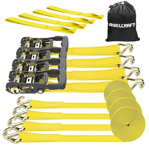 AWELCRAFT Ratchet Straps Heavy Duty 4 Pack,4500lbs Breaking Strength,1.5in×15ft Tie Down Ratcheting Strap with Padded Handles, Double J Hooks & Soft Loops for Motorcycle,Trailer & Trucks (Yellow)