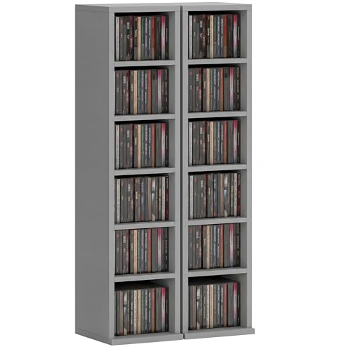 HOMCOM 204 CD Storage Units Set of 2, Blu-Ray Tower Rack with Adjustable Shelves, Bookcase Storage Organiser, Light Grey